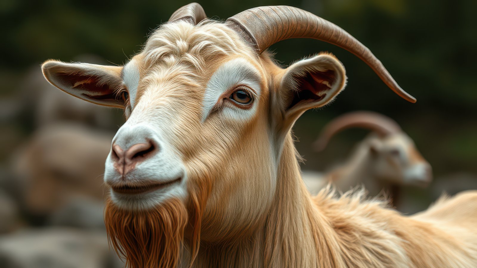 Mountain goat stands proudly with a serene expression in a natural setting surrounded by fellow goats